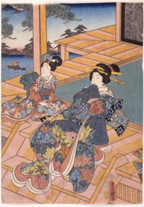 露台上的两位女士（彩色木刻版画）