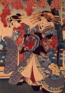花园里的两个女人》，作者是宇多川国定，木刻，折痕法。