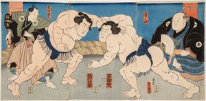 不知火和神马相扑战士。 Estampe de Utagawa Kunisada (1786-1865), vers 1860 - 摔跤比赛不知火 vs 神幕，由国定（丰国三世），歌川（1786-1865）。 彩色木刻 作者 歌川国贞