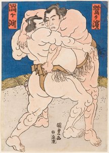 相扑运动员乌苏卡夫奇和瓦希格哈马的战斗。Utagawa Kunisada (1786-1865)的作品，1830年--摔跤比赛Uzugafuchi对Washigahama，作者Kunisada (Toyokuni III), Utagawa (1786-1865)。彩色木刻，约1830年，尺寸：37x26厘米。私人C