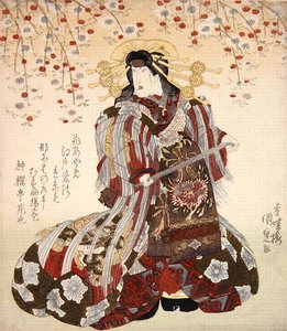 岩井梦三郎二世在 "Sukeroku yukari no Edo zakura"（约1830年）中扮演Agemaki（彩色木版画 作者 歌川国贞