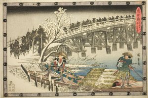 第 11 幕第 1 部分：夜袭的临近（Juichidanme ichi, yochi oshiyose），选自 "忠臣复仇（Chushingura）"系列 作者 歌川宏重