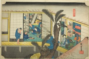 赤坂：东海道五十三站 "系列中的 "赤坂：旅馆女招待"（Akasaka, ryosha shofu no zu），又称 "Hoeido东海道"。 作者 歌川宏重
