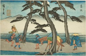赤坂，选自 "东海道五十三站 "系列，又称 "行商东海道"。 作者 歌川宏重