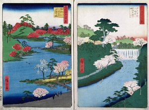 沿着河岸，从&39;60 -Odd省的着名景观&39;，酒吧的两个意见。由Kosheihei于1853年，（彩色木版画）