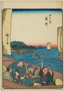 新井，选自 "东海道五十三站 "系列，又称 "人形东海道"。 作者 歌川宏重