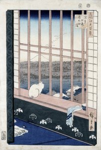 从1861年的“Meisho Edo Hyakkei”系列（江户百景）系列公鸡节目中的浅草稻田（彩色木版画）