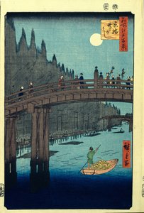 京桥大桥旁的竹码头。江户百景，c。 1858年 作者 歌川宏重