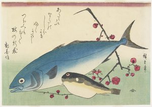 鲣鱼，河豚和一朵朵梅花，c。 1840