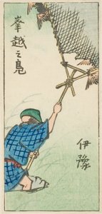 在伊予省捕捉野鸭（伊予，okoshi no kamo），"各省剪纸图（Kunizukushi harimaze zue）"系列第 16 张的一部分 作者 歌川宏重