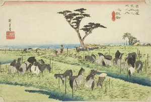 千龙：初夏马市（千龙，shuka uma ichi），选自 "东海道五十三站 "系列，又称 "Hoeido 东海道"。 作者 歌川宏重