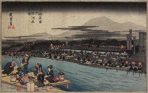 在Shijo_ Riverbank的晚上很酷，c。 1834年