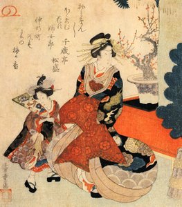 歌妓和小女孩的新年装饰 作者 歌川宏重