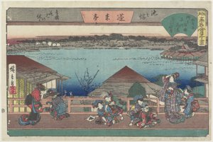 在Ikenohata的Ho_raitei观看樱花的妓女，c。 1835年至1842年
