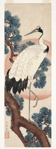 在日出时的松树鹤，1850-55（木刻）