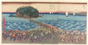 前往相模省江之岛弁财天神社参拜的人群（相模省江之岛弁财天会町神社贡品图） 作者 歌川宏重