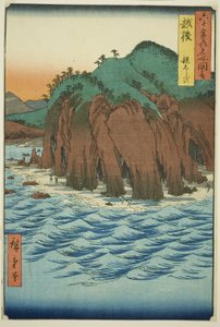 越后省："六十余省名胜 "系列中的 "越后，大白津"（Echigo, Oyashirazu）。 作者 歌川宏重
