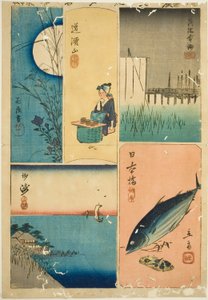 江户名胜剪影（Harimaze Koto meisho）"系列中的荣泰桥、日本桥、须崎、花圃和独馆山（荣泰桥、日本桥、须崎、花屋敷、独馆山）。 作者 歌川宏重
