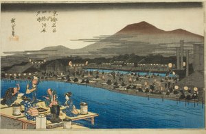 在四条河床上享受傍晚的凉爽（四条河原夕照），选自 "京都名胜（京都名胜之内）"系列 作者 歌川宏重