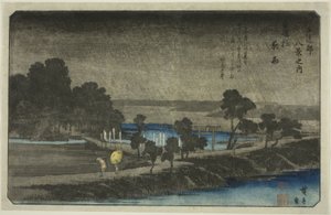 江户近郊八景 "系列中的 "东神社晚雨"（"东之森雨"）。 作者 歌川宏重