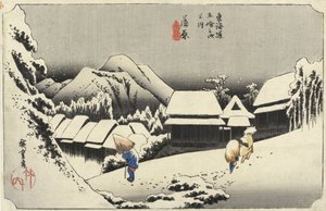 从东海道的53个车站，酒吧的Kambara，No.16开雪。 by Hoeido，1833，（oban尺寸，yoko-e-横向格式，彩色木版画） 作者 歌川宏重