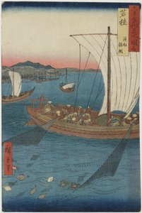 1853年9月，若狭省比目鱼网和鱼船（彩色木版画）