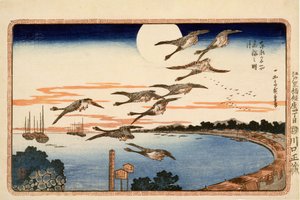 高原的满月，来自江户东部的着名地方，1832年（木版彩色印刷） 作者 歌川宏重