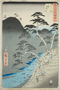 箱根：箱根：山中夜行（箱根，山中夜行图），"五十三站名胜 "系列第 11 号，又称 "垂直东海道"。 作者 歌川宏重