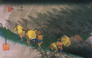 广重，旅行者被突如其来的雨惊呆了 作者 歌川宏重