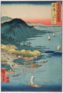 日立省：鹿岛大神社，来自“六十多个省份着名地方插图”系列，1853年（彩色木刻）
