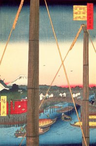 Inari Bridge和Minato Shrine，Teppozu，来自江户时代的一百个着名景观系列的板块77，江户时代，Ansei时代，1857年（木版画） 作者 歌川宏重