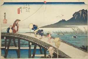 掛川：秋葉山遠景（掛川，秋葉山遠景），選自 "東海道五十三站（東海道五十三站）"系列，又稱為 "Hoeido 東海道"。 作者 歌川宏重