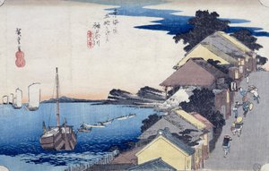 神奈川县：从东海道的53个系列中看到的山脊景观，1834-35（彩色木版画）