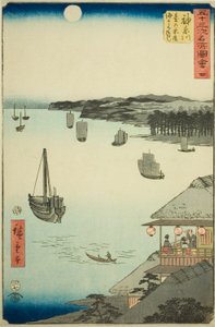 神奈川：从山上的茶馆眺望大海（神奈川，dai no chaya kaijo miharashi），No.五十三站名胜 "系列中的第 4 号，又称垂直东海道 作者 歌川宏重