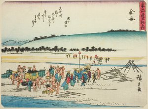 金谷，选自 "东海道五十三站 "系列，又称 "有诗的东海道"（Kyoka iri Tokaido）。 作者 歌川宏重