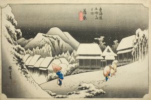 Kanbara: Evening Snow（Kanbara, yoru no yuki），选自 "东海道五十三站（Tokaido gojusan tsugi no uchi）"系列，又称 "Hoeido Tokaido"。 作者 歌川宏重
