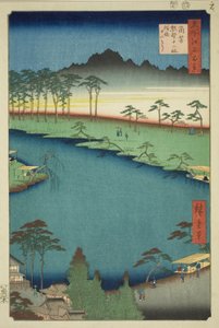 位于常野津的熊野菩萨社，俗称菩萨社（常野津熊野菩萨社，zokusho Juniso），出自 "江户百景 "系列。 作者 Utagawa Hiroshige