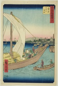 桑名：桑名：七里的渡船（桑名，七里的渡船），第 43 号。43 号，选自 "五十三站名胜 "系列，又称 "垂直东海道"。 作者 歌川宏重