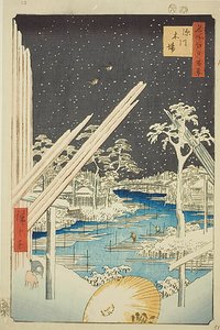 深川的伐木场，昏暗的天空，"名所江户百景 "系列第 106 号 作者 歌川宏重
