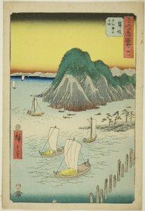 舞坂：舞坂：今尻渡海的渡船》（Maisaka, Imagiri kaijo funewatashi），第 31 号。五十三站名胜 "系列中的第 31 号，又称 "垂直东海道"。 作者 歌川宏重