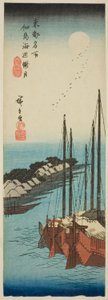 佃岛海岸的朦胧月色（佃岛海滨月色），选自 "东都名胜（东都名胜）"系列 作者 歌川宏重