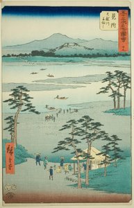 三助：天龙川上的渡船（三助，天龙川船渡），编号 29，出自 "五十三站名胜 "系列，又称 "垂直东海道"。 作者 歌川宏重