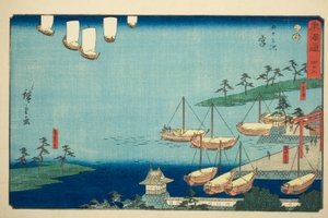 三谷七里渡口、厚田神社之门、寢殿村（宮、七里渡口、厚田神社之门、寢殿村）--第 42 号，选自 "东海道五十三站 "系列，又称 "丽正东海道"。 作者 歌川宏重