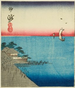 日本桥的早市（日本桥，早市），"江户名胜剪影（Harimaze Koto meisho）"系列中的一张纸的一部分 作者 歌川宏重