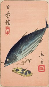 日本桥的早市（日本桥，早市），"江户名胜剪影（Harimaze Koto meisho）"系列中的一张纸的一部分 作者 歌川宏重