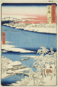 武藏省：隅田川雪后的早晨（武藏，隅田川雪之灰田），选自 "六十余省名胜 "系列 作者 歌川宏重