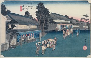 Narumi：当地面料Arimatsu Shibori商店，来自“东海道五十三站”系列，c.1834-35（彩色木版画）