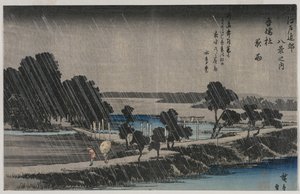 1830年代中期，从《江户周围的八景》系列中，阿祖玛神社的夜雨。 作者 歌川宏重