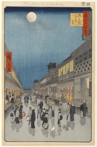 1856年江户一百名观景中的第90号沙捞大町夜景（木版画） 作者 歌川宏重