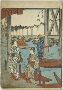 日本桥（Nihonbashi），选自 "东海道五十三站（Gojusan tsugi）"系列，又称人物东海道（Jinbutsu Tokaido）。 作者 歌川宏重